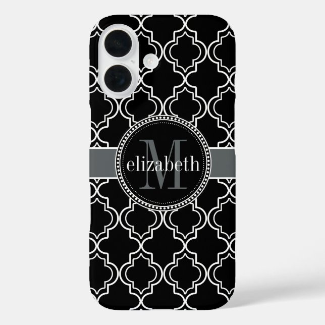 Black White Moroccan Quatrefoil Monogram Case-Mate iPhone Case (Back)