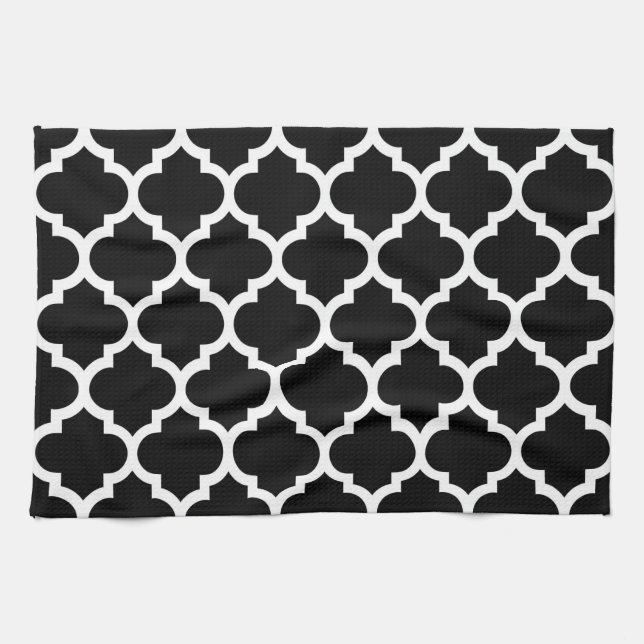 Black White Moroccan Quatrefoil Pattern #5 Kitchen Towel (Horizontal)