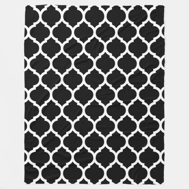 Black White Moroccan Quatrefoil Pattern Fleece Blanket (Front)