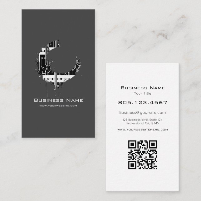 Black & White Motherboard Swirl • Custom Editable  Business Card (Front/Back)