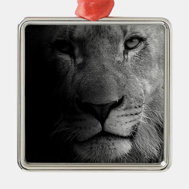 Black White Motivational Leadership Lion Portrait Metal Ornament (Front)