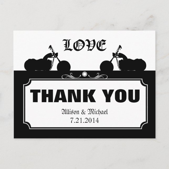 Black White Motorcycle Biker Silhouette Thank You Postcard (Front)