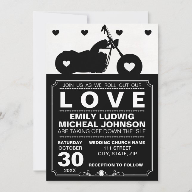 Black & White Motorcycle Biker Silhouette Wedding Invitation (Front)