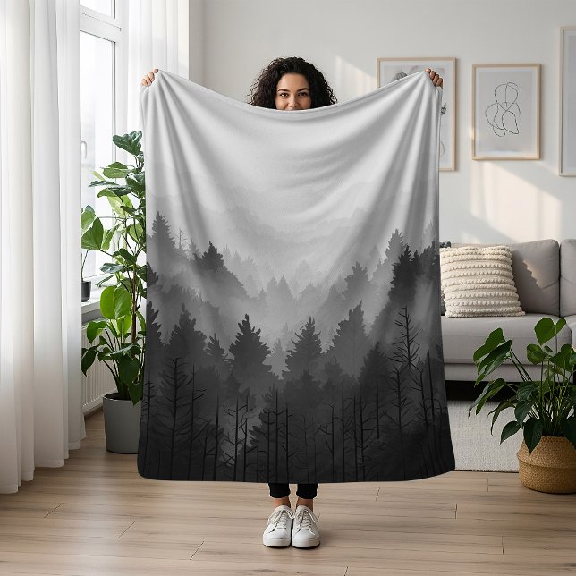 Black & White Mountain Forest Landscape Minimalist Fleece Blanket (Creator Uploaded)