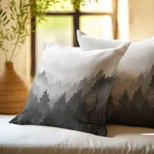 Black & White Mountain Forest Landscape Minimalist Throw Pillow