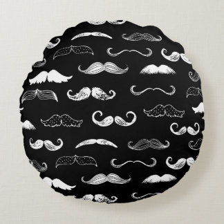 Black & White Moustache Seamless Repeat Background Round Pillow