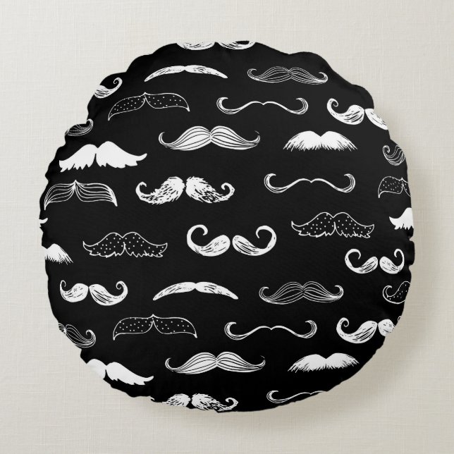 Black & White Moustache Seamless Repeat Background Round Pillow (Front)