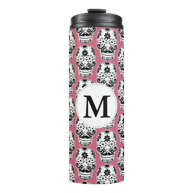 Black & White Moustached Sugar Skull Monogram Thermal Tumbler (Front)