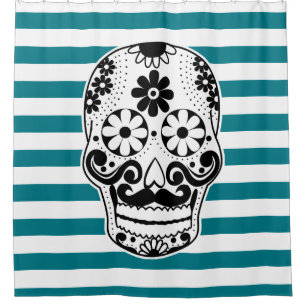 Black & White Moustached Sugar Skull White Stripes