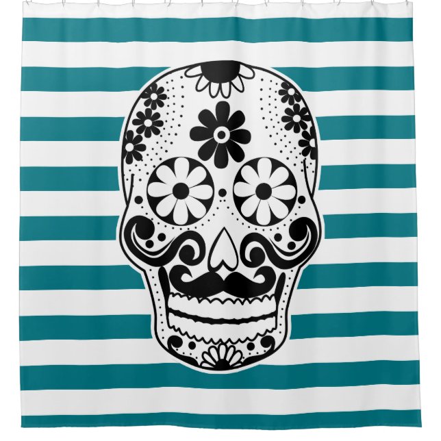 Black & White Moustached Sugar Skull White Stripes (Front)