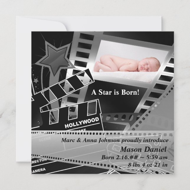 Black White Movie Star is Born Birth Announcement (Front)