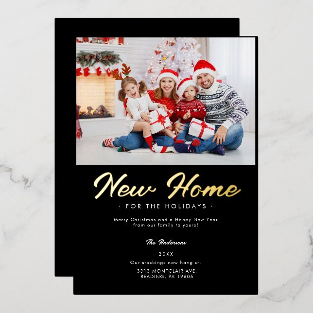 Black White Moving Announcement Holiday Photo Gold (Front/Back)