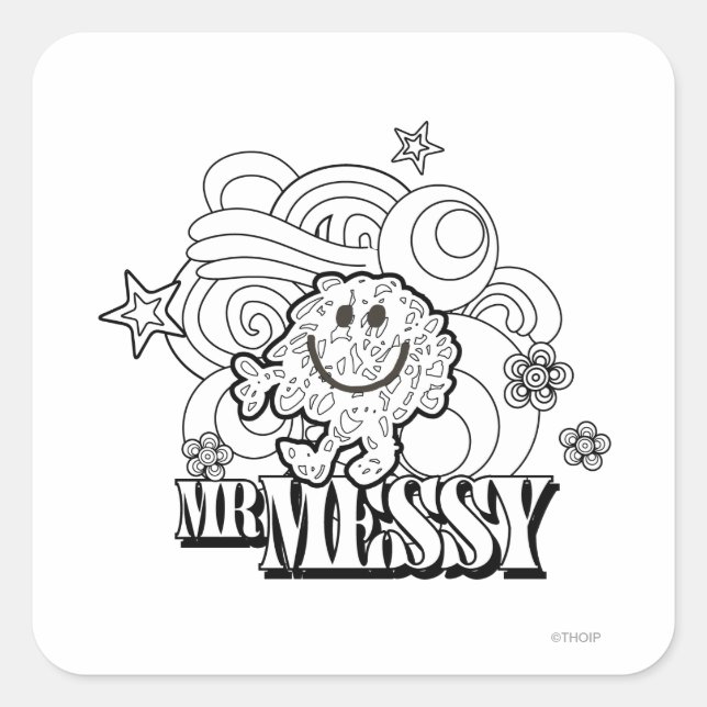 Black & White Mr. Messy | Stars & Swirls Square Sticker (Front)