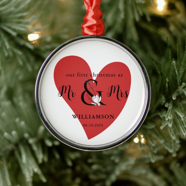 Black & white Mr & Mrs 1st Christmas Red Heart Metal Ornament (Tree)