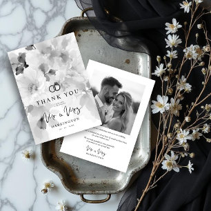 Black White MR & MRS Floral Design Photo Wedding Thank You Card