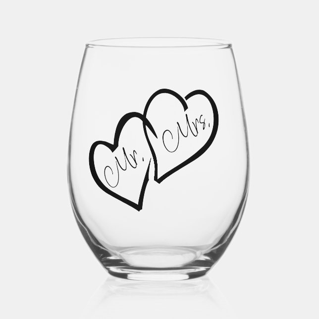 Black & White | Mr. Mrs. Modern Monogram Wedding  Stemless Wine Glass (Front)