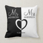 Black white Mr Mrs name heart wedding Throw Pillow<br><div class="desc">Black and white Mr and Mrs wedding gift throw pillow. Create a unique and personal gift by adding the name and wedding date of the newlyweds.</div>