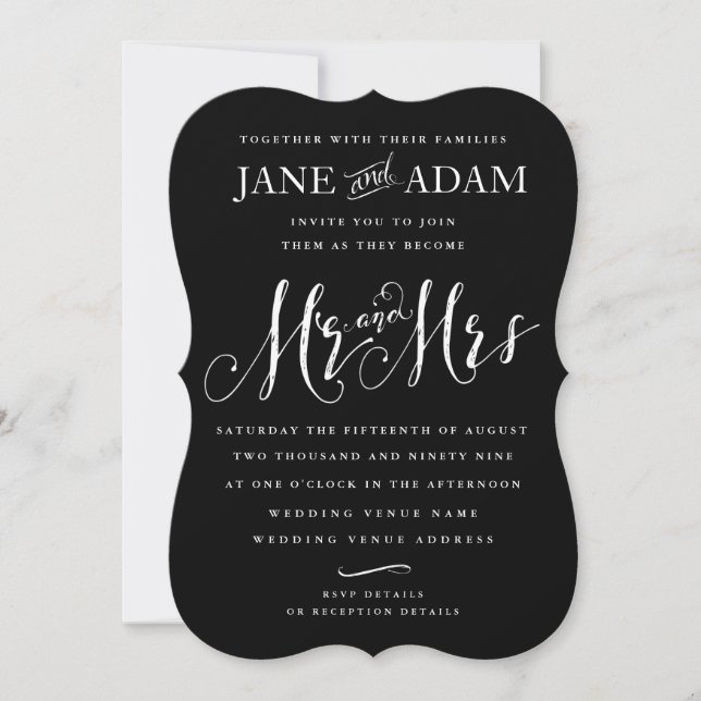 Black White Mr & Mrs Typography Wedding Invitation (Front)