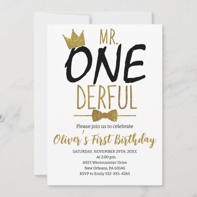 Black & White, Mr.Onederful Birthday, Little Man Invitation (Front)