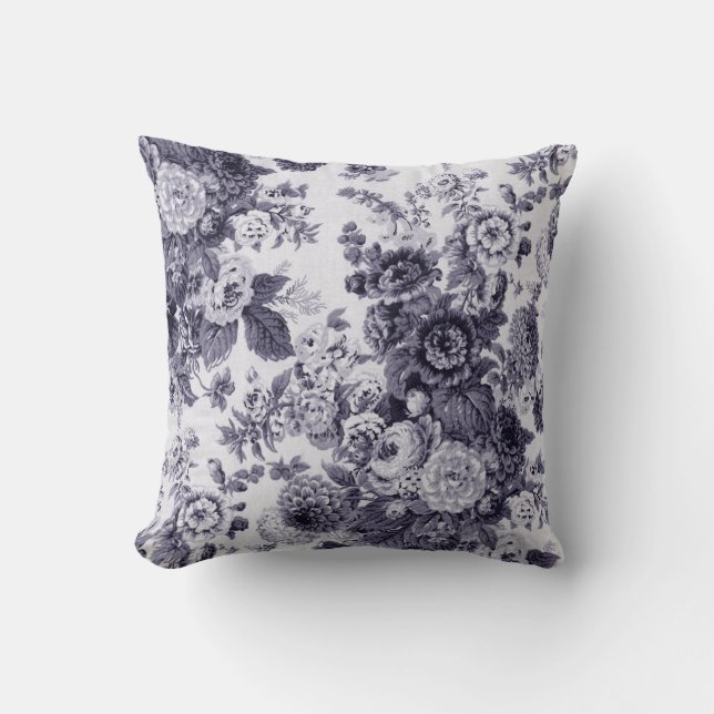 Black White Mulberry Blue Purple Tone Floral Toile Throw Pillow (Front)
