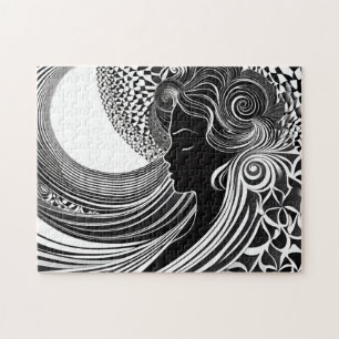 Black & White Muse: Modern Woman Lost in Thought Jigsaw Puzzle