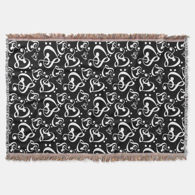 Black White Music Notes Bass Treble Clef Hearts Throw Blanket (Front)