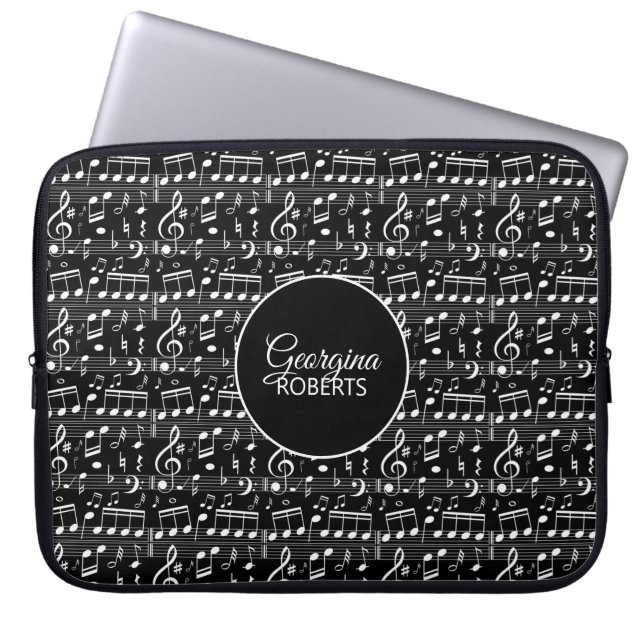 Black-White Music Notes Pattern and Customization Laptop Sleeve (Front)