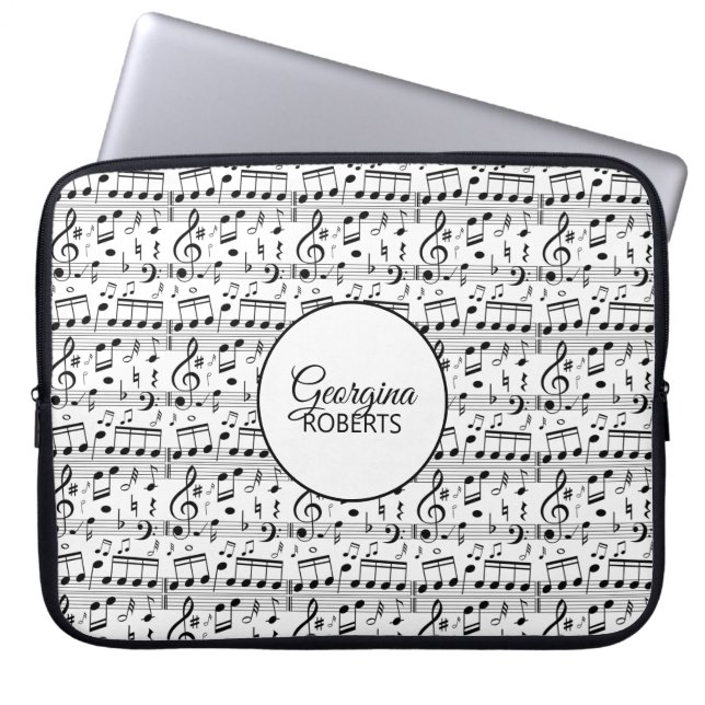 Black-White Music Notes Pattern and Customization Laptop Sleeve (Front)
