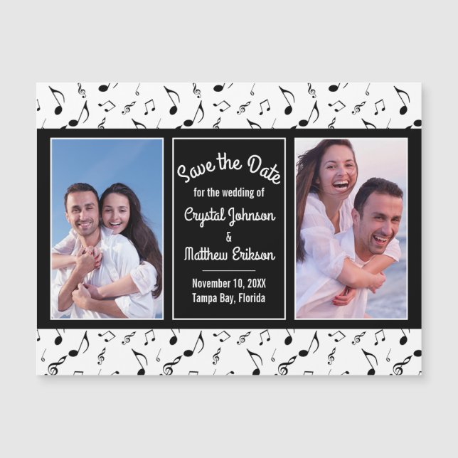 Black White Music Notes Photo Save the Date Magnet (Front)