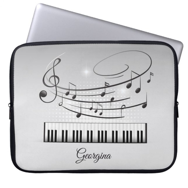 Black-White Music Notes with Custom Name Laptop Sleeve (Front)