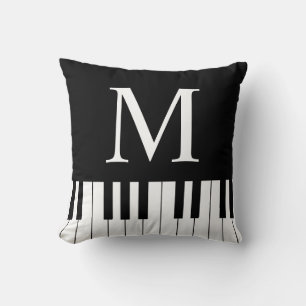 Black White Music Theme Piano Keyboard Monogram Throw Pillow