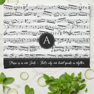 Black & white Musical Notes Custom Monogram Music Kitchen Towel