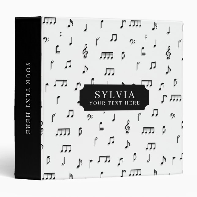 Black & White Musical Notes Symbol Pattern Name Binder (Front/Spine)