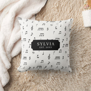 Black & White Musical Notes Symbol Pattern Name Throw Pillow