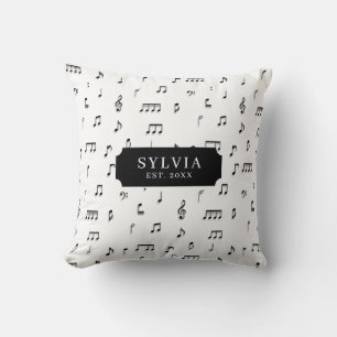 Black & White Musical Notes Symbol Pattern Name Throw Pillow