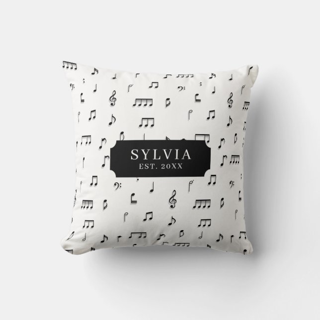 Black & White Musical Notes Symbol Pattern Name Throw Pillow (Front)