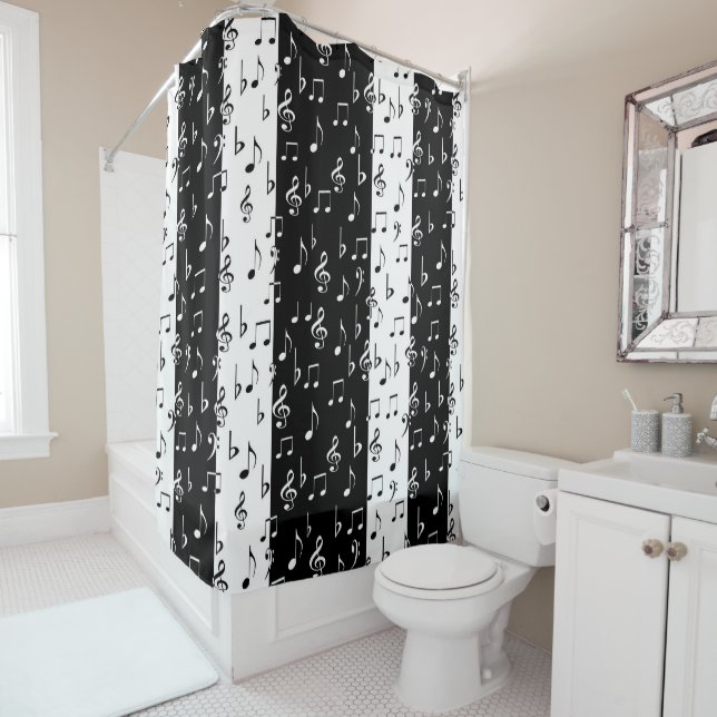 Black & White Musical Stripes Shower Curtain (In Situ)