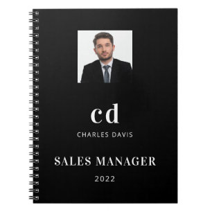 Black white name initials photo business notebook