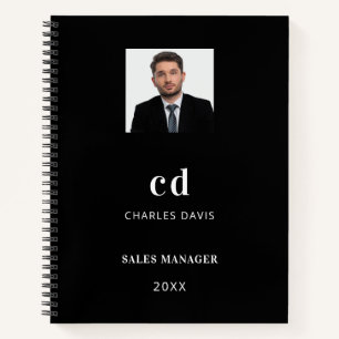 Black white name initials photo business notebook