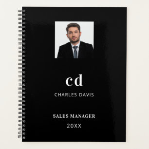 Black white name initials photo business planner