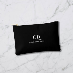 Black white name monogram initials accessory pouch
