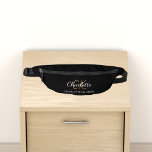 Black white name monogram initials script simple fanny pack<br><div class="desc">Black background,  white and golden text. Personalize and add your first name,  monogram initials and full name.</div>