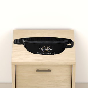 Black white name monogram initials script simple fanny pack