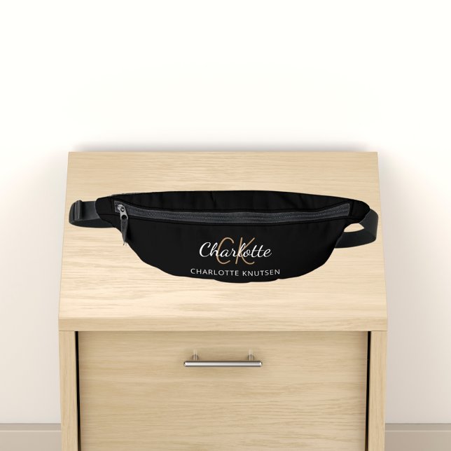 Black white name monogram initials script simple fanny pack (Creator Uploaded)