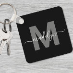 Black White Name Monogram Keychain<br><div class="desc">Create Your Own Stylish Modern Custom Black and White Monogram Square Keychain. This sleek square keychain adds a modern and personalized touch to your everyday essentials. The design features a bold grey monogram initial centred on a solid black background, with your name in elegant white script layered across it. The...</div>