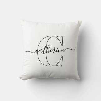 Black White Name Monogram Modern Script Minimalist Throw Pillow
