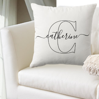 Black White Name Monogram Modern Script Minimalist Throw Pillow