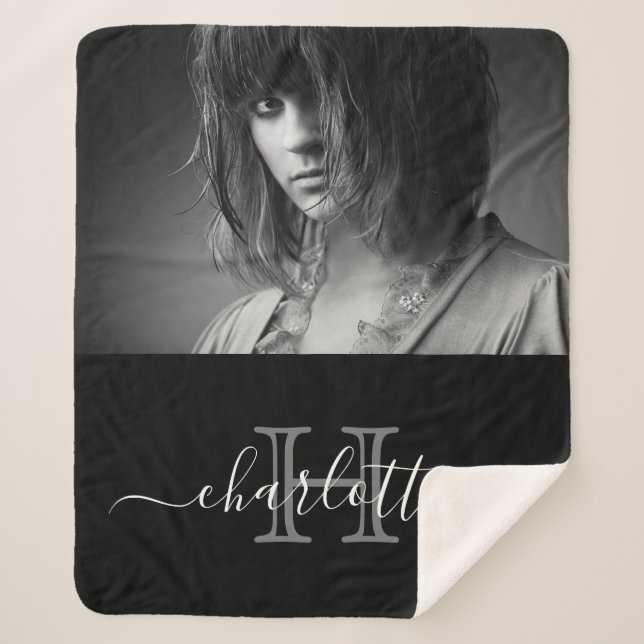 Black white name monogram photo sherpa blanket (Front)