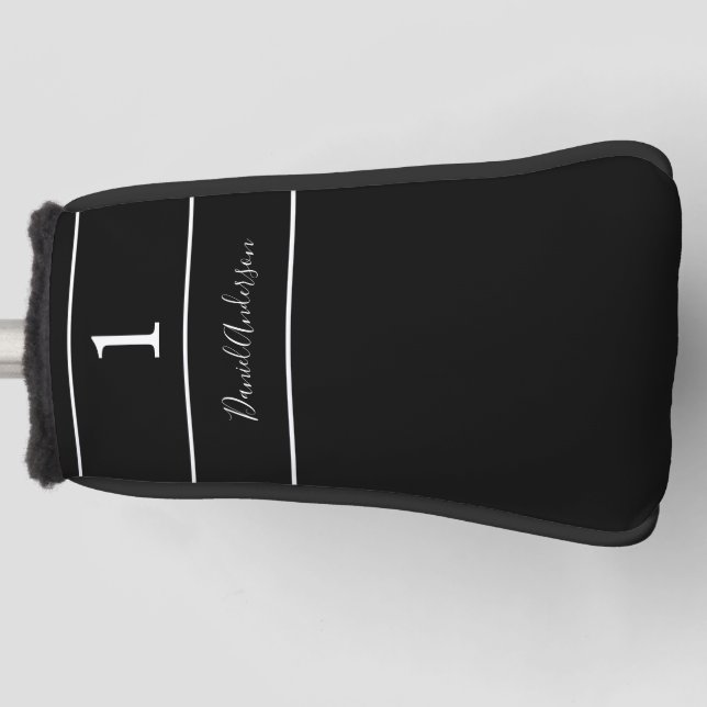 Black white name number stripes script  golf head cover (Front)