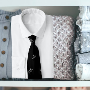 Black white name pattern modern script tie